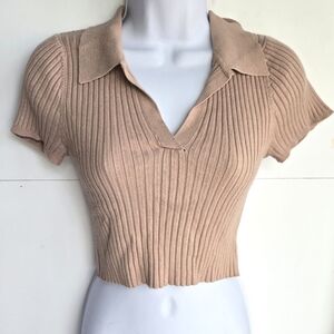 Priceless Tan Ribbed Knit Collared Crop Top